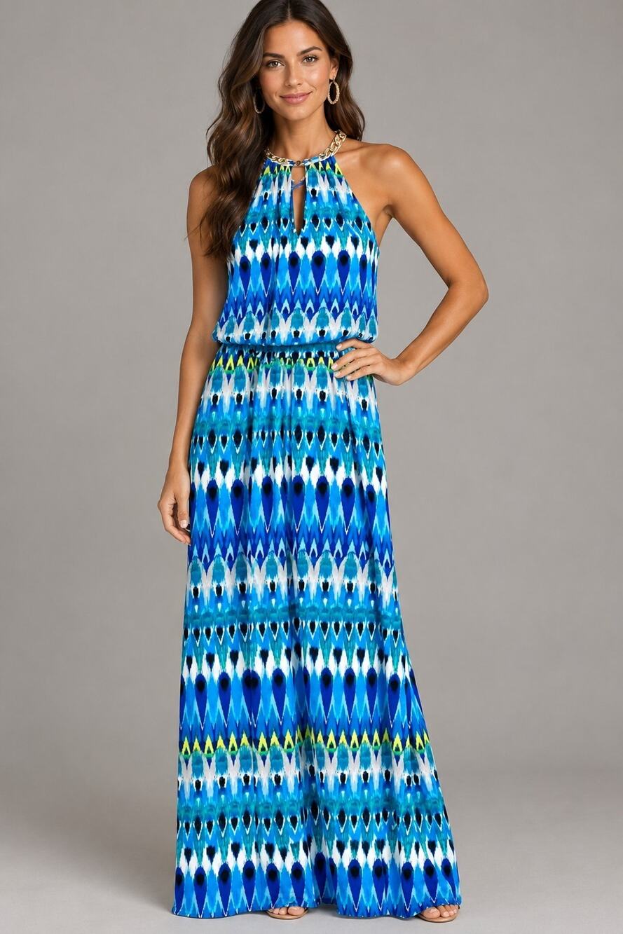 Covington Women's Medium Dress Maxi Halter Sleeveless Boho Rope Gold Neckline